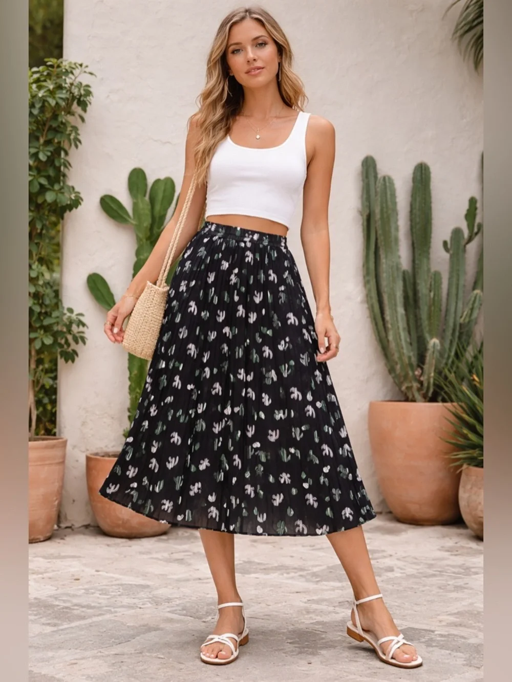 🌵 Cactus Print Pleated Midi Skirt – Lightweight & Flowy 🌵 - Picture 1 of 4